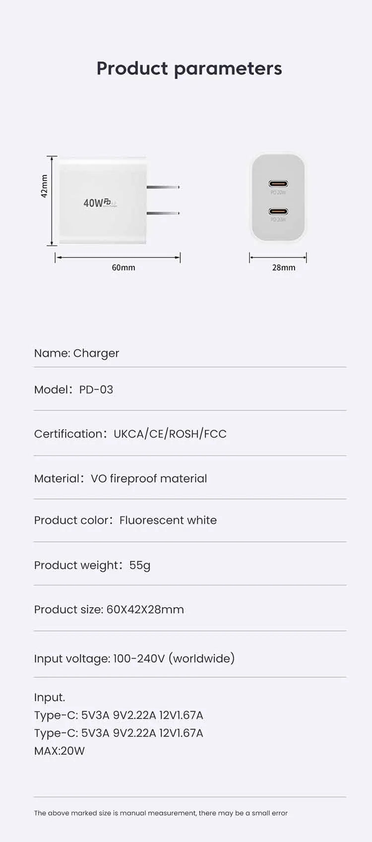 Chargeur OLAF rapide 40W Avec deux sorties USB‑C‑C PD QC3.0 avec câble Type‑C vers Type‑C