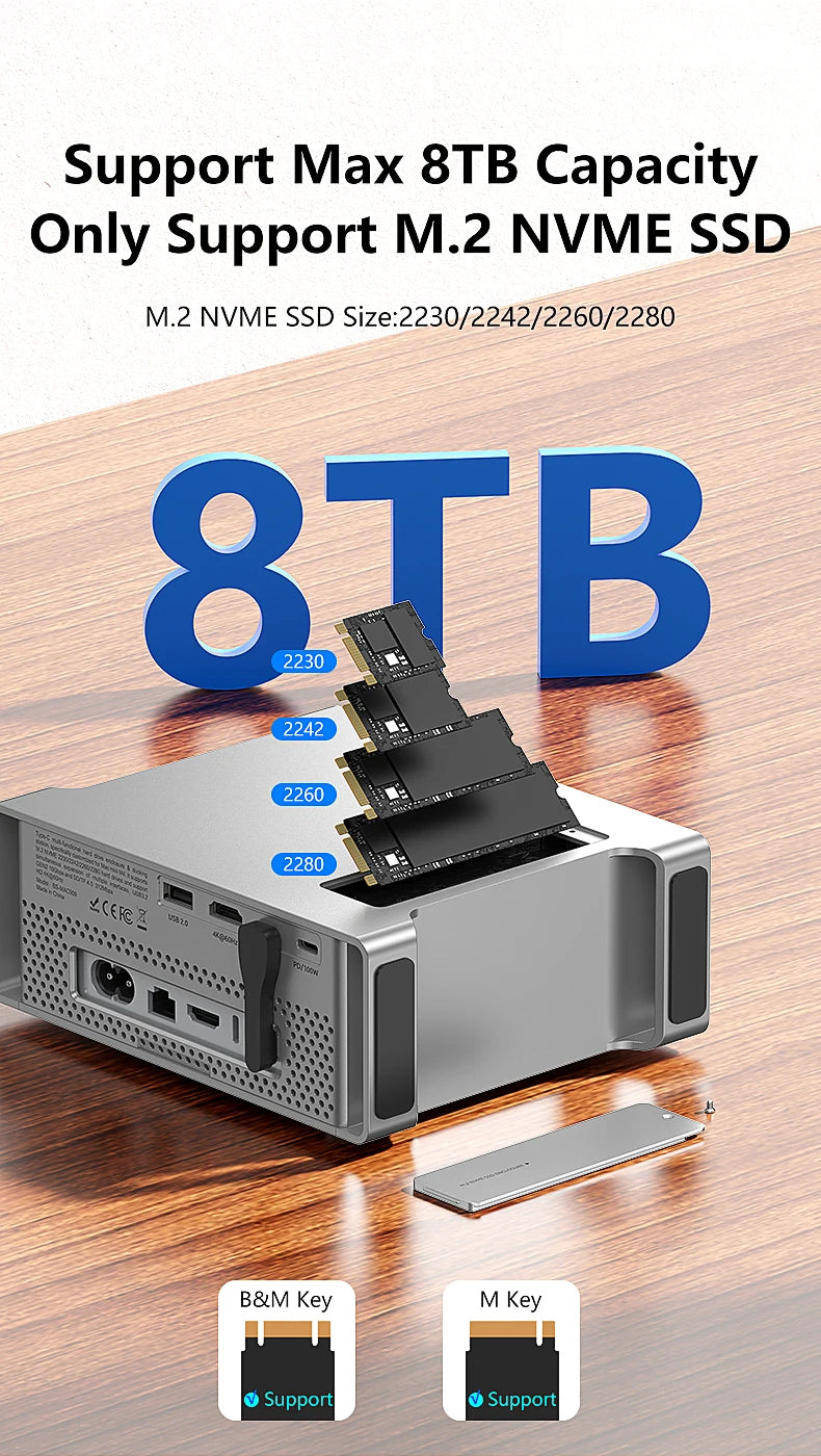 Docking SSD sans fin pour support MAC Mini M4/M4 Pro 2024 avec boîtier SSD M.2 NVMe 4K/60HZ HDMI-Com SD4.0 TF4.0 10Gbps C HUB