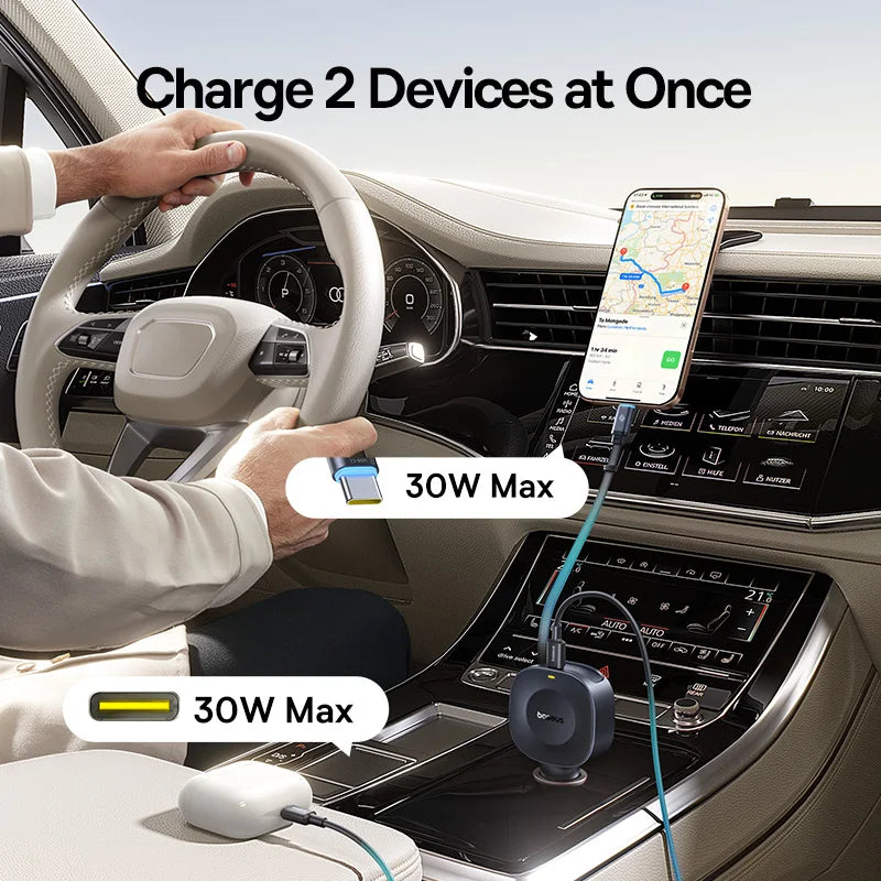 Chargeur voiture Baseus 60W câble rétractable 30W + port Type‑C 30W