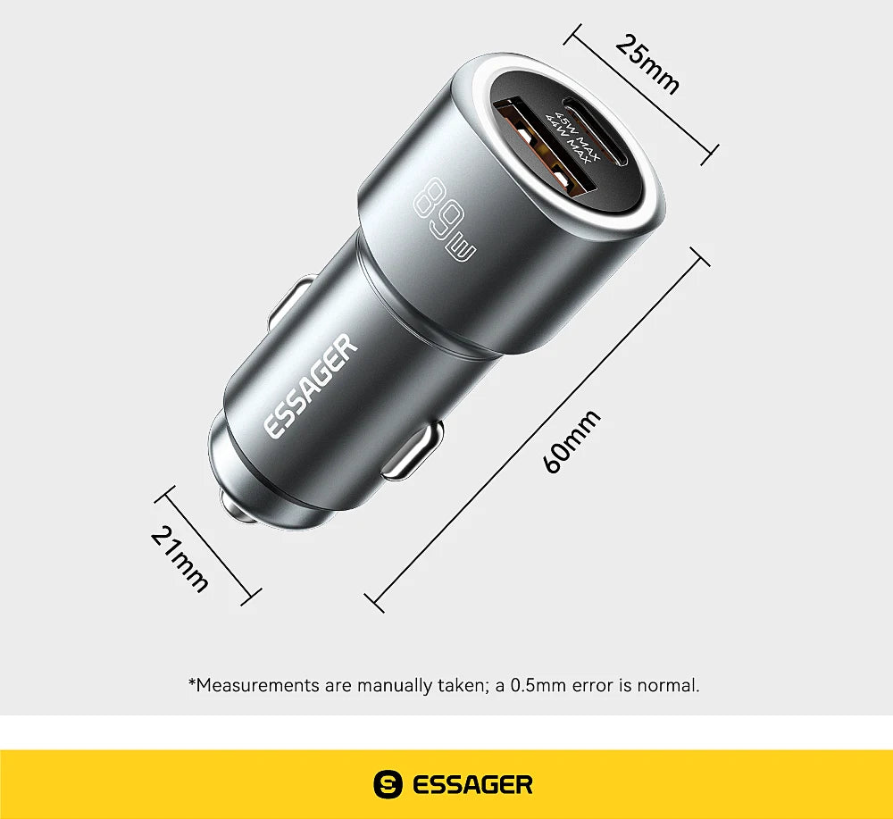 Chargeur voiture Essager 89W — double port QC 4.0/3.0 recharge rapide, USB Type‑C