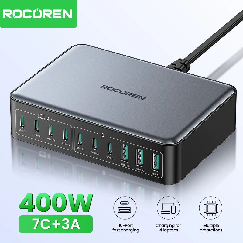 Rocoren Energy Station 400W – Chargeur GaN USB‑C 10‑en‑1 Portable pour Bureau