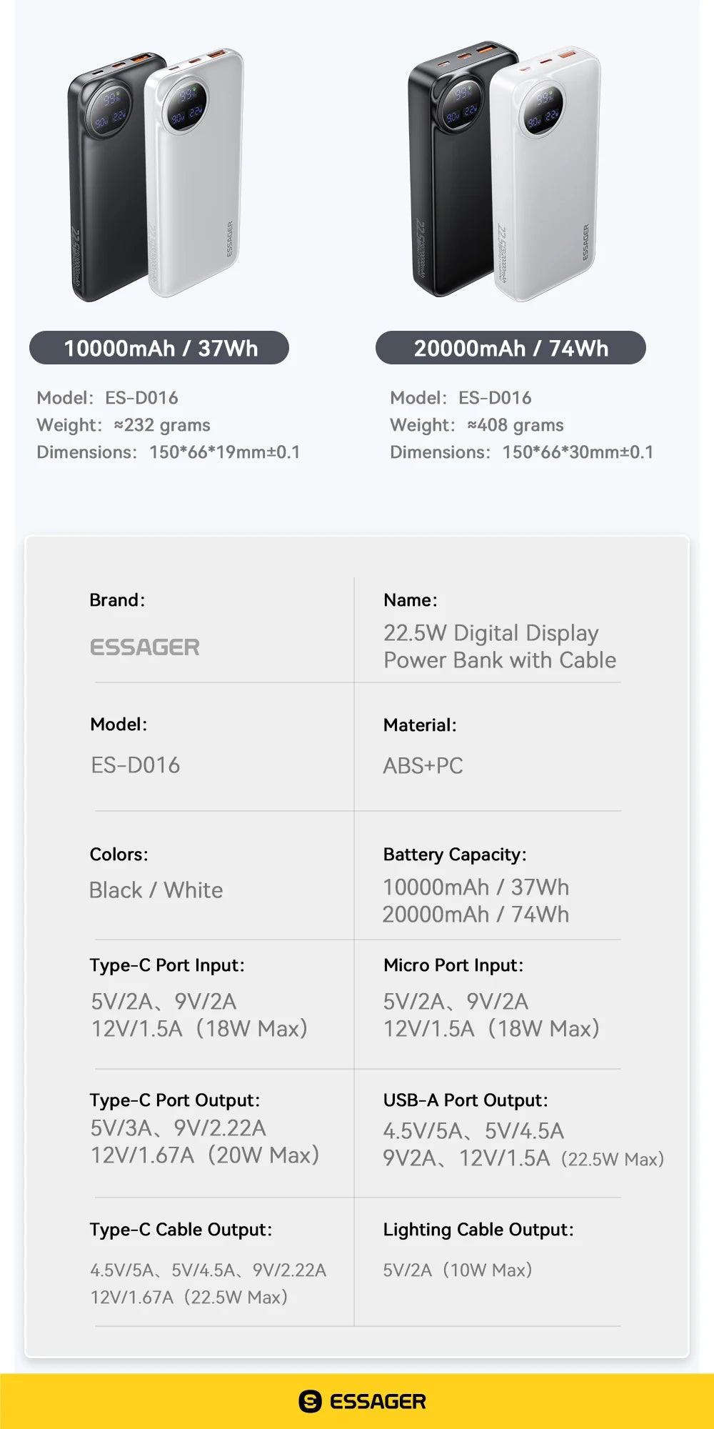 Essager Power Bank 22.5W avec Câble Intégré – Affichage Numérique – 20000mAh / 10000mAh