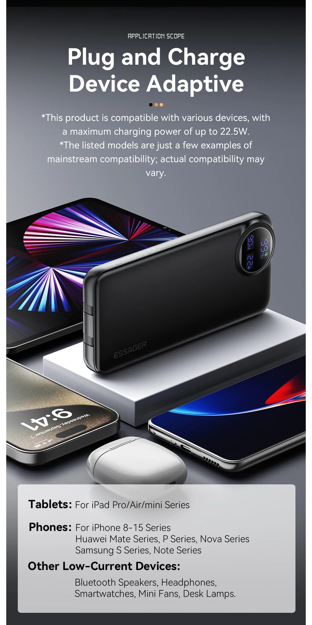 Essager Power Bank 22.5W avec Câble Intégré – Affichage Numérique – 20000mAh / 10000mAh