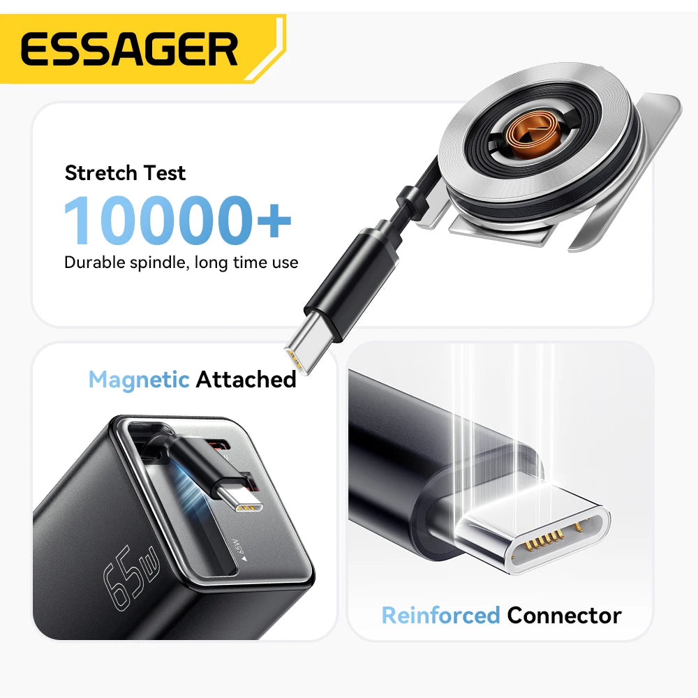 Chargeur Essager 65W GaN avec câble rétractable