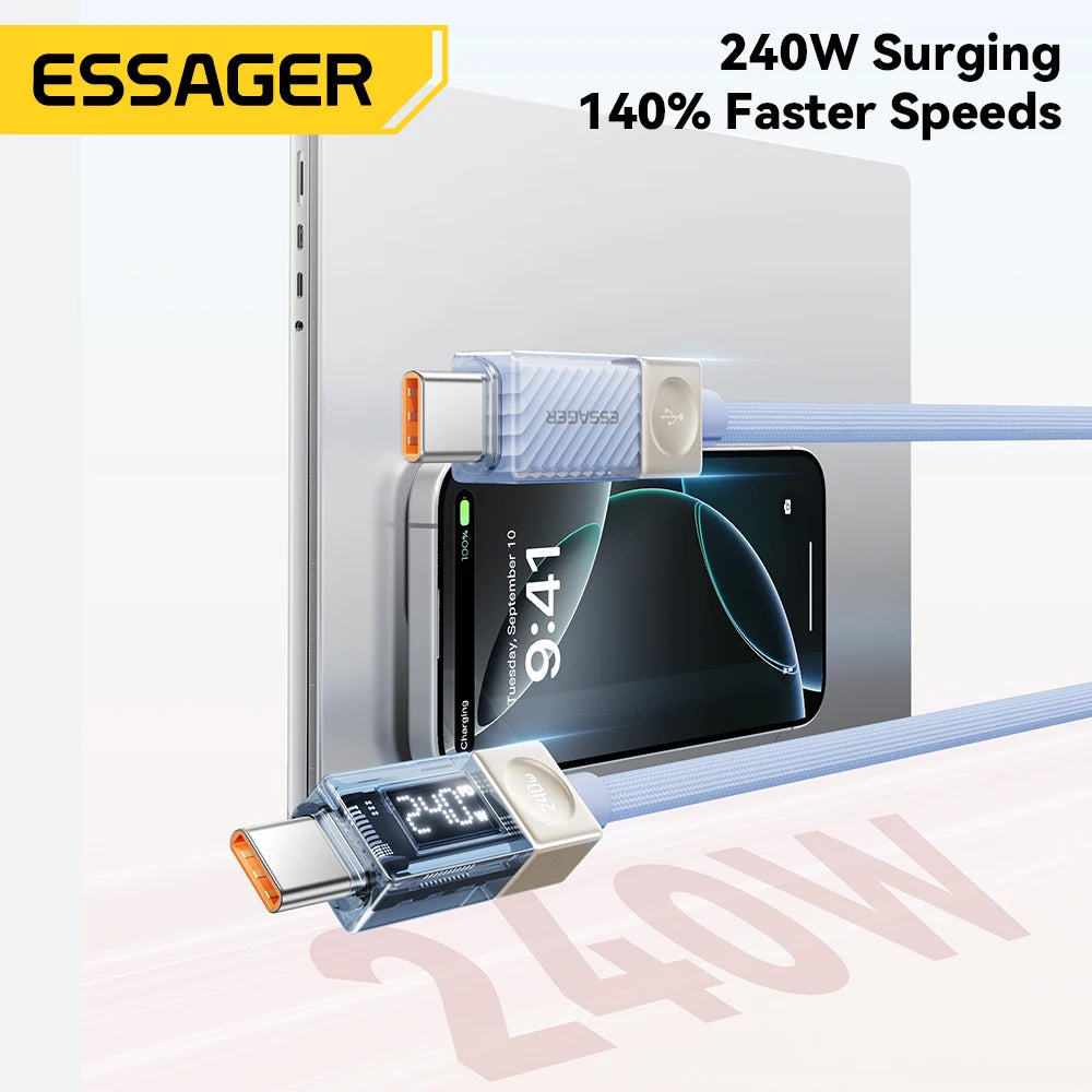 Câble USB‑C ESSAGER Version Haute Qualité & Originale 240W et 100W