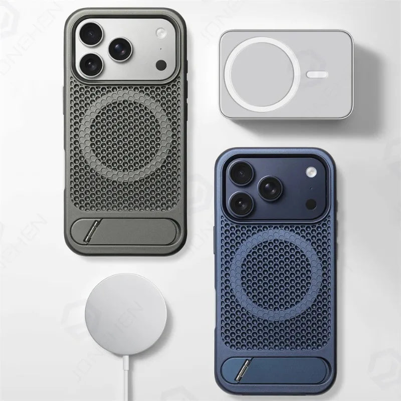 Coque magnétique antichoc avec support et dissipation thermique pour iPhone 17 / 16 / 15 / 14 / 13 – Pro, Pro Max, Normal, Air, Plus