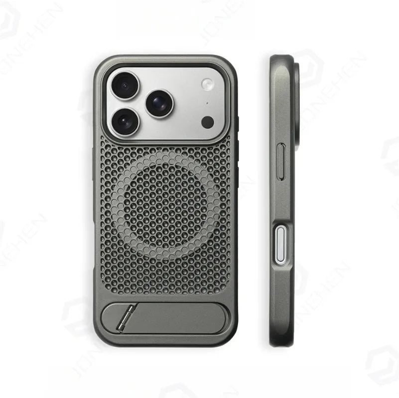 Coque magnétique antichoc avec support et dissipation thermique pour iPhone 17 / 16 / 15 / 14 / 13 – Pro, Pro Max, Normal, Air, Plus