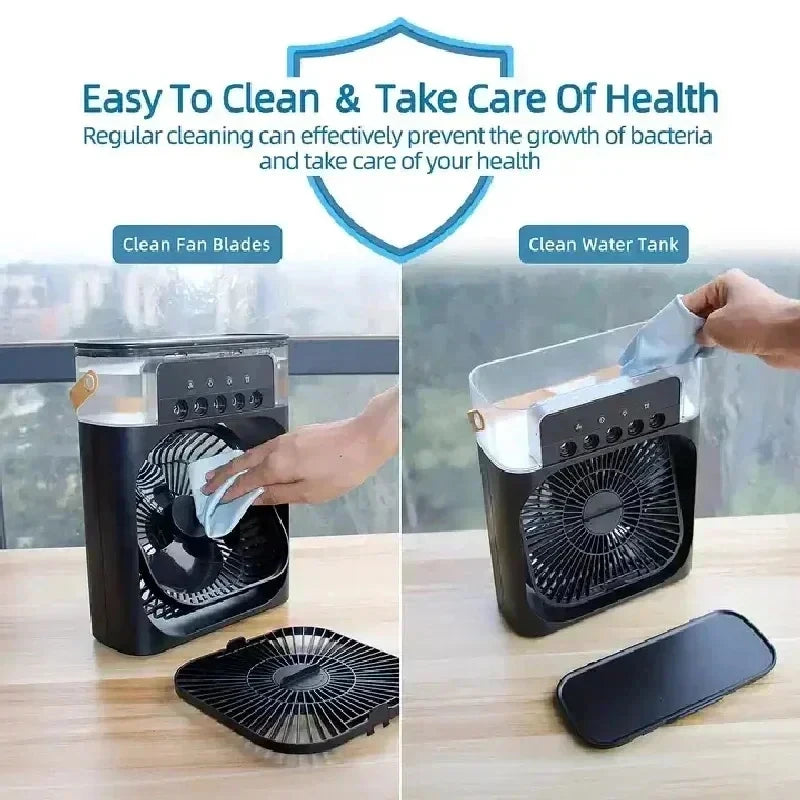 Ventilateur Portable 3‑en‑1, Mini Climatiseur, Humidificateur & Veilleuse LED pour Maison et Bureau