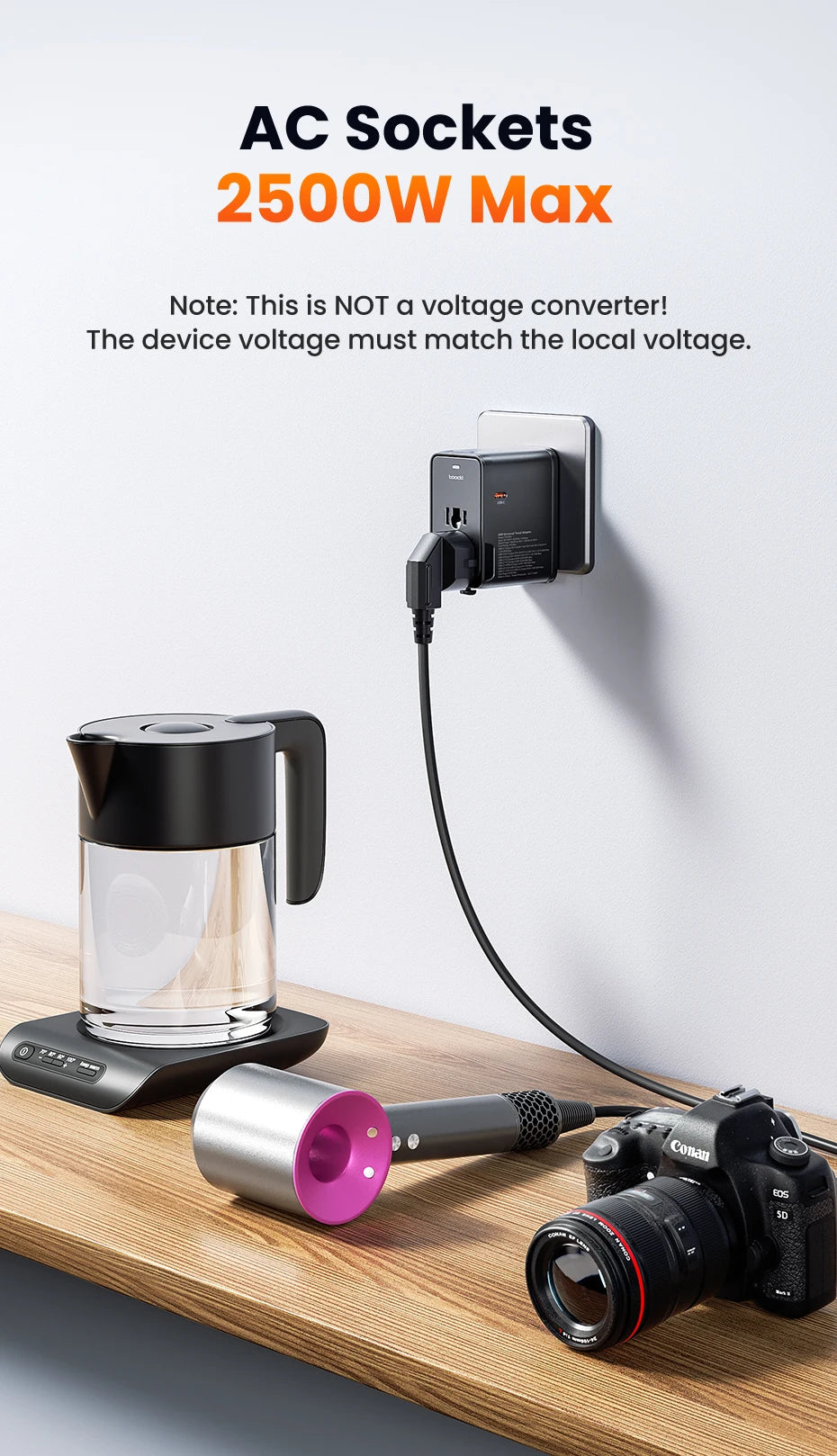 oocki GaN 75W – Adaptateur de voyage universel pour 200 pays – 5‑en‑1 : 1 prise AC universelle + 4 ports de charge (USB‑C & USB‑A)