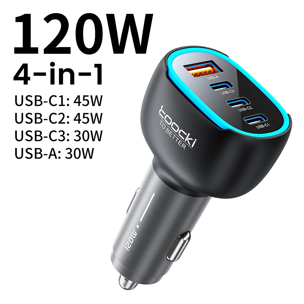 Chargeur TOOCKI à charge rapide avec quatre ports, disponible en versions 90W et 120W.