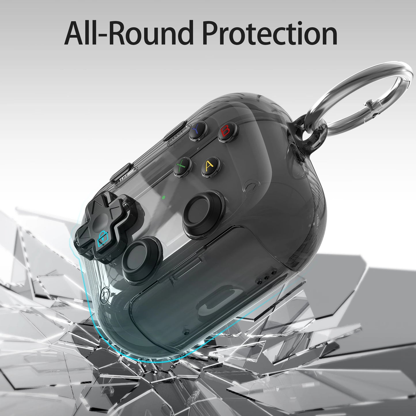 Étui pour écouteurs Apple, design gaming rigide avec verrou sécurisé, support téléphone et clip d’attache.
