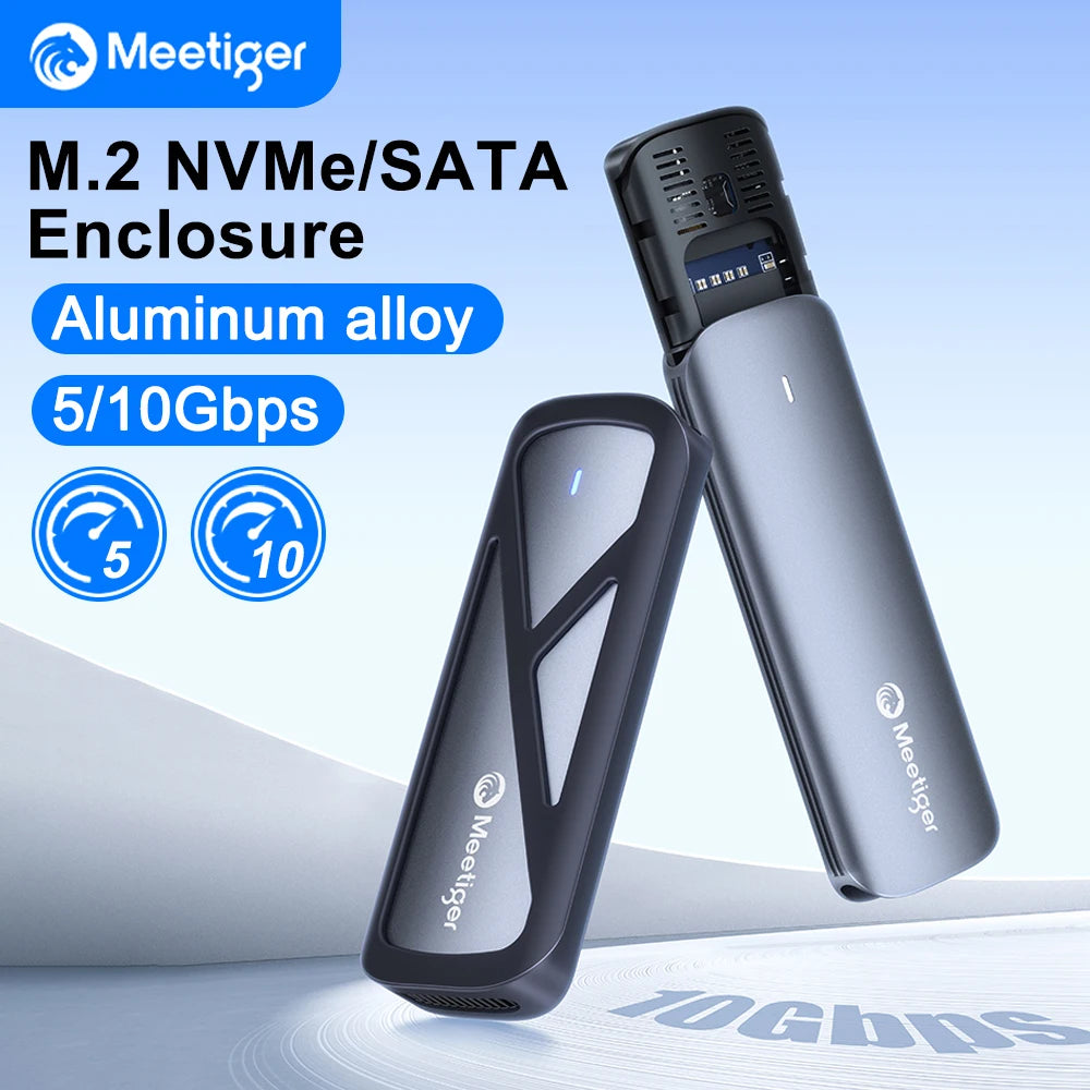 Meetiger – Boîtier Externe M.2 NVMe/NGFF SATA 5/10Gbps en Aluminium (Tool‑Free)