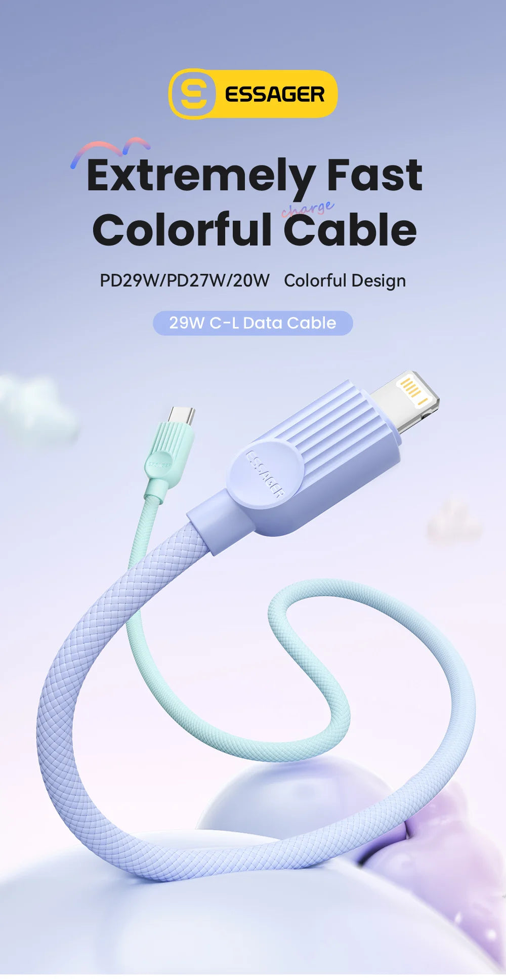 Câble Essager 29W Type‑C vers Lightning Macaron Charge Rapide