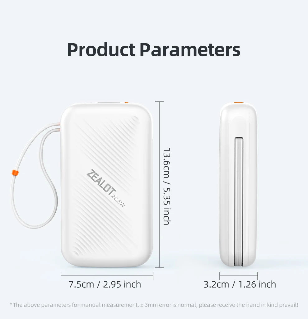 ZEALOT Y2200 – Power Bank 20000mAh 22,5W avec USB‑C + Lightning
