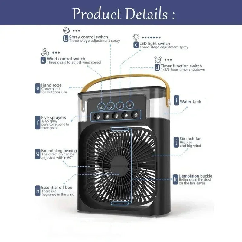 Ventilateur Portable 3‑en‑1, Mini Climatiseur, Humidificateur & Veilleuse LED pour Maison et Bureau