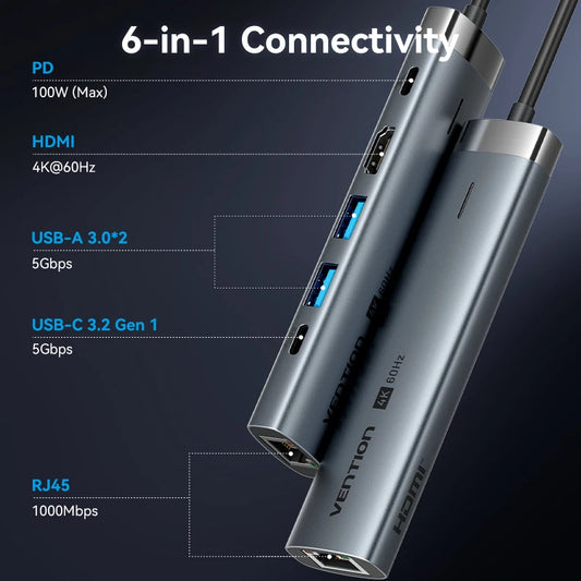 Vention – HUB USB‑C 6‑en‑1 4K60Hz avec RJ45 1000 Mbps & PD 100W
