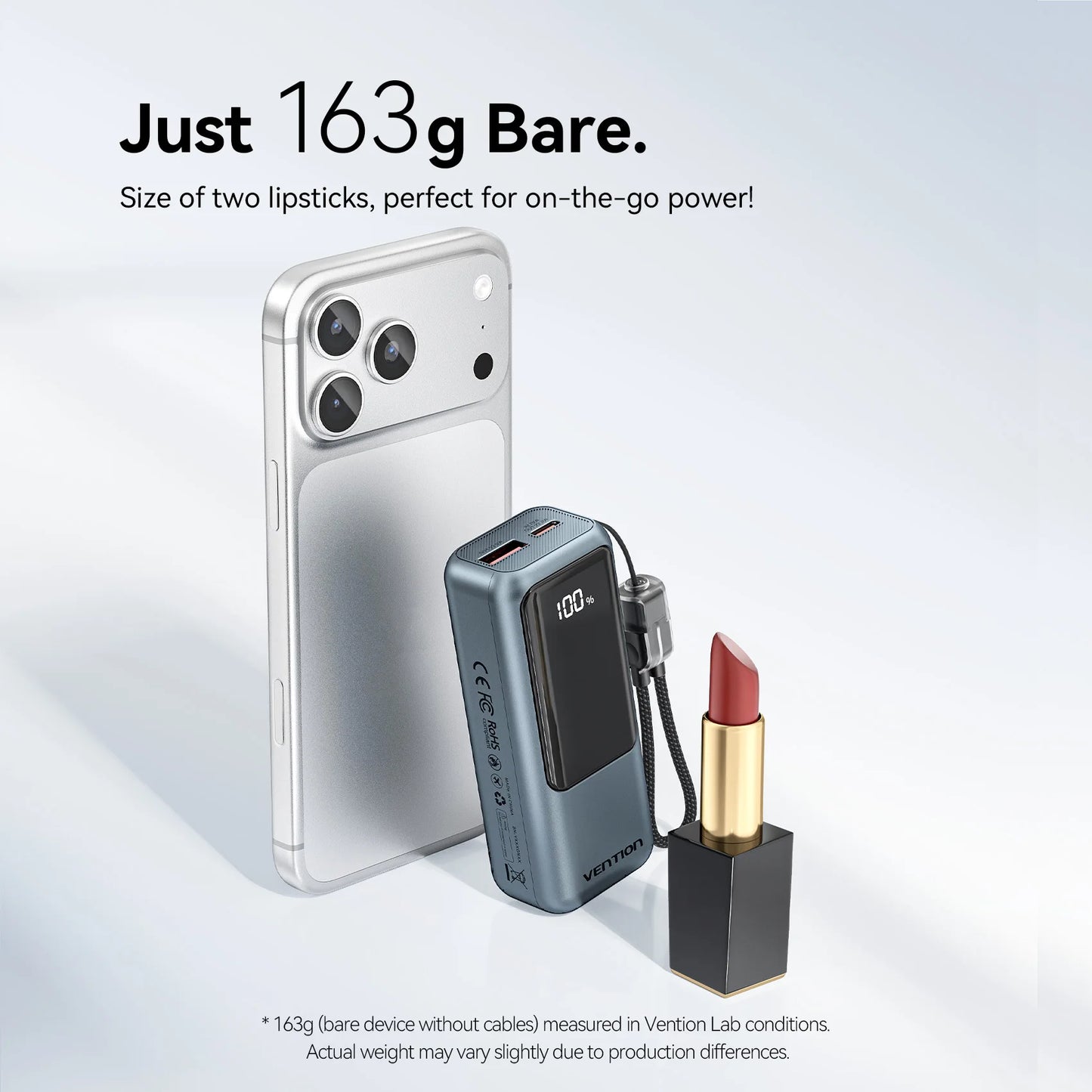Power bank Vention 10000mAh avec câble USB‑C intégré, charge rapide 22.5W et PD 3.0