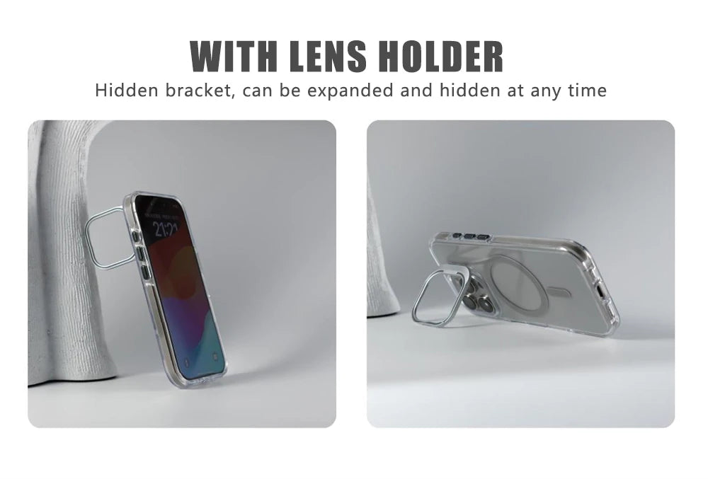 Coque pare‑chocs transparente de luxe MagSafe avec protection d’objectif, compatible iPhone 12 / 13 / 14 / 15 / 16 / 17 (base, Plus, Pro, Pro Max, Air) avec support intégré pour une protection élégante au quotidien.