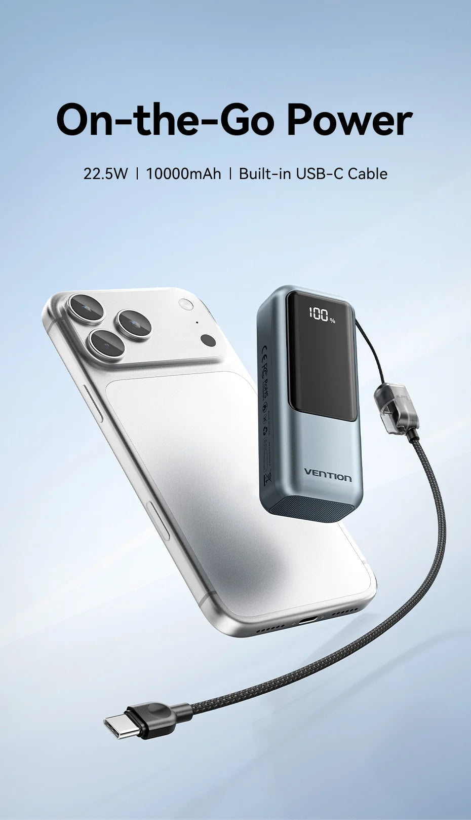 Power bank Vention 10000mAh avec câble USB‑C intégré, charge rapide 22.5W et PD 3.0