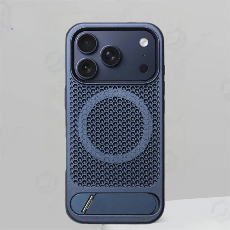 Coque magnétique antichoc avec support et dissipation thermique pour iPhone 17 / 16 / 15 / 14 / 13 – Pro, Pro Max, Normal, Air, Plus