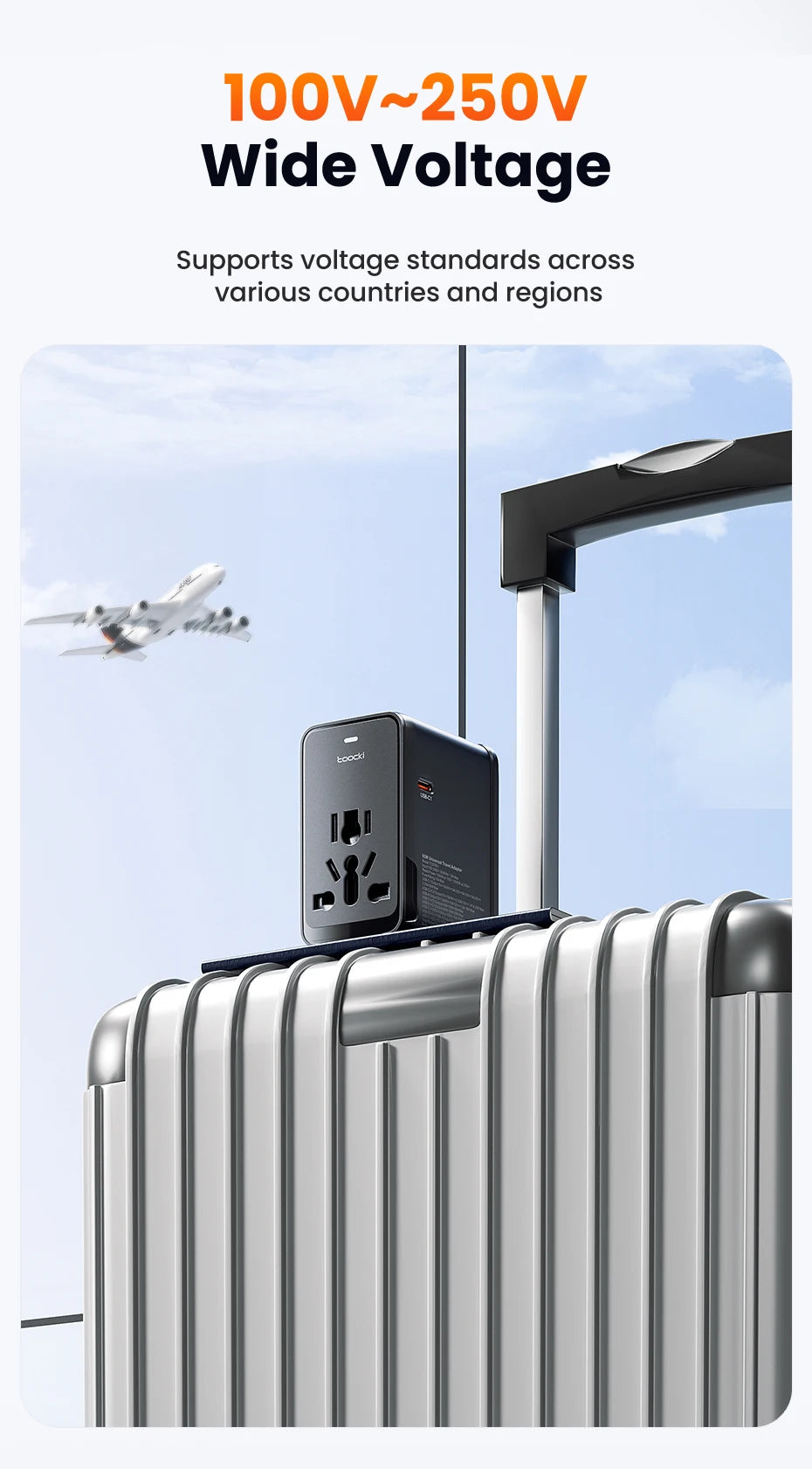 oocki GaN 75W – Adaptateur de voyage universel pour 200 pays – 5‑en‑1 : 1 prise AC universelle + 4 ports de charge (USB‑C & USB‑A)