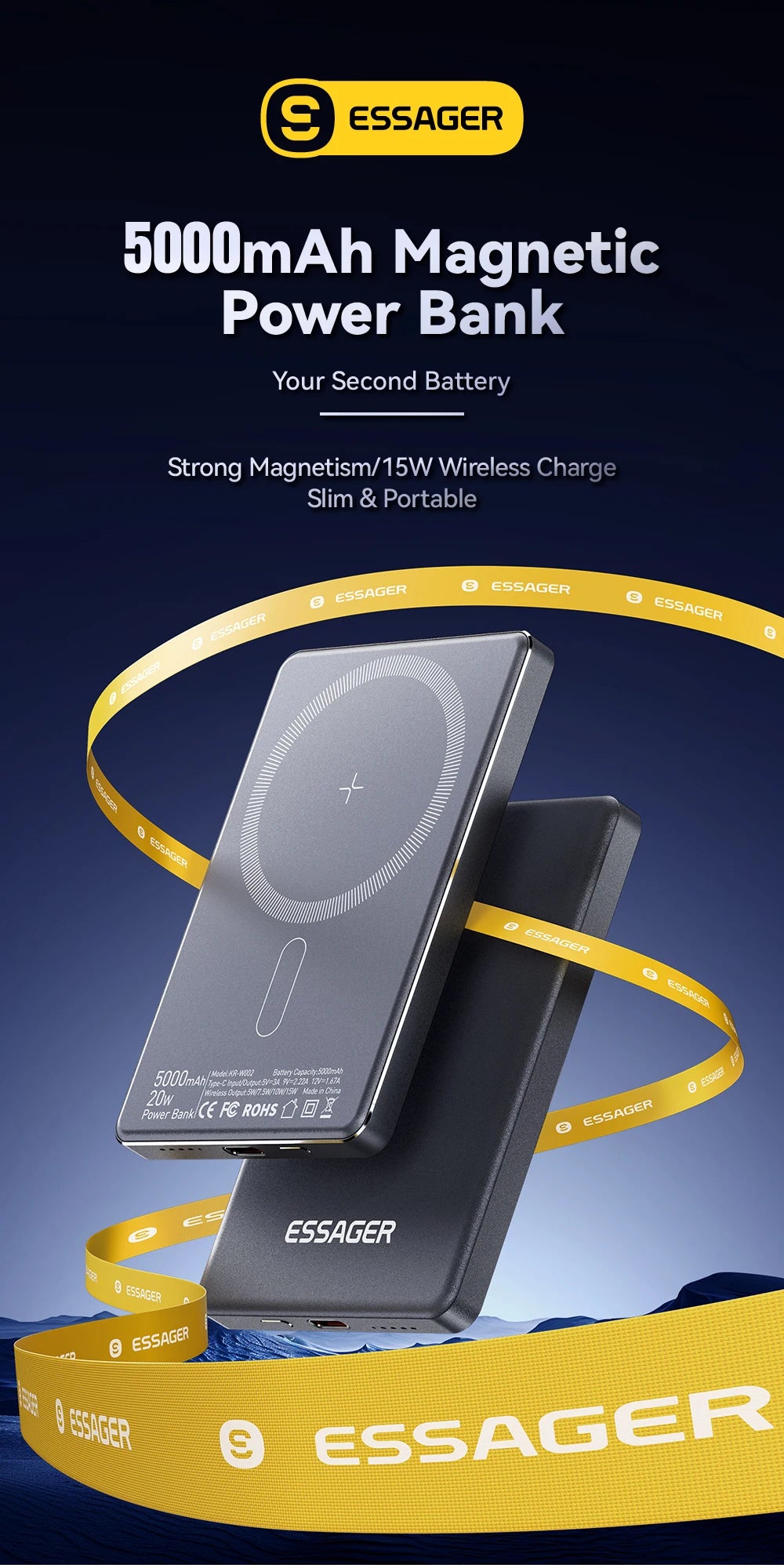 Essager Power Bank Magnétique Sans Fil 20W 5000mAh Ultra‑Fin, Batterie Externe