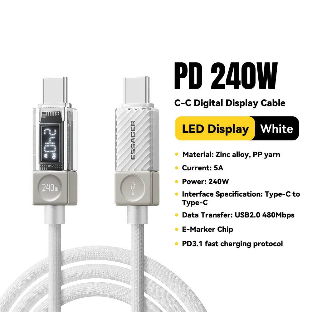 Câble USB‑C ESSAGER Version Haute Qualité & Originale 240W et 100W