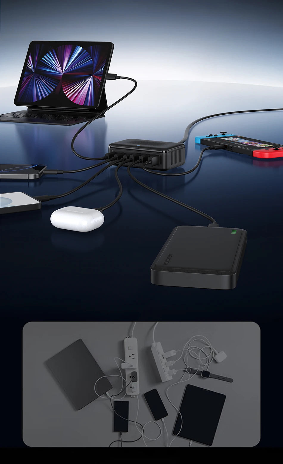 Chargeur Rocoren 100W 6 ports  technologie GaN hub