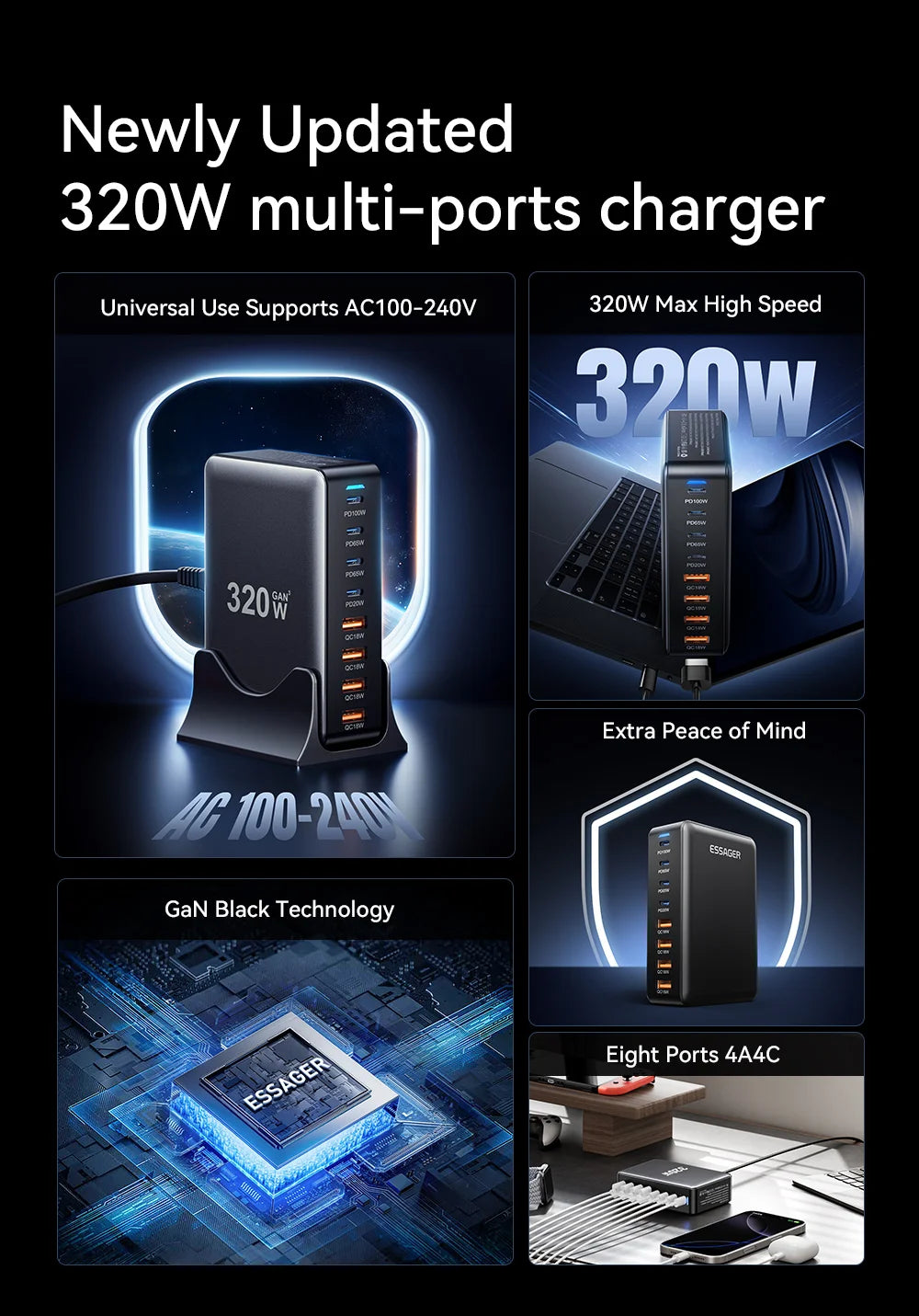Chargeur rapide GaN Essager 320W, station de charge de bureau