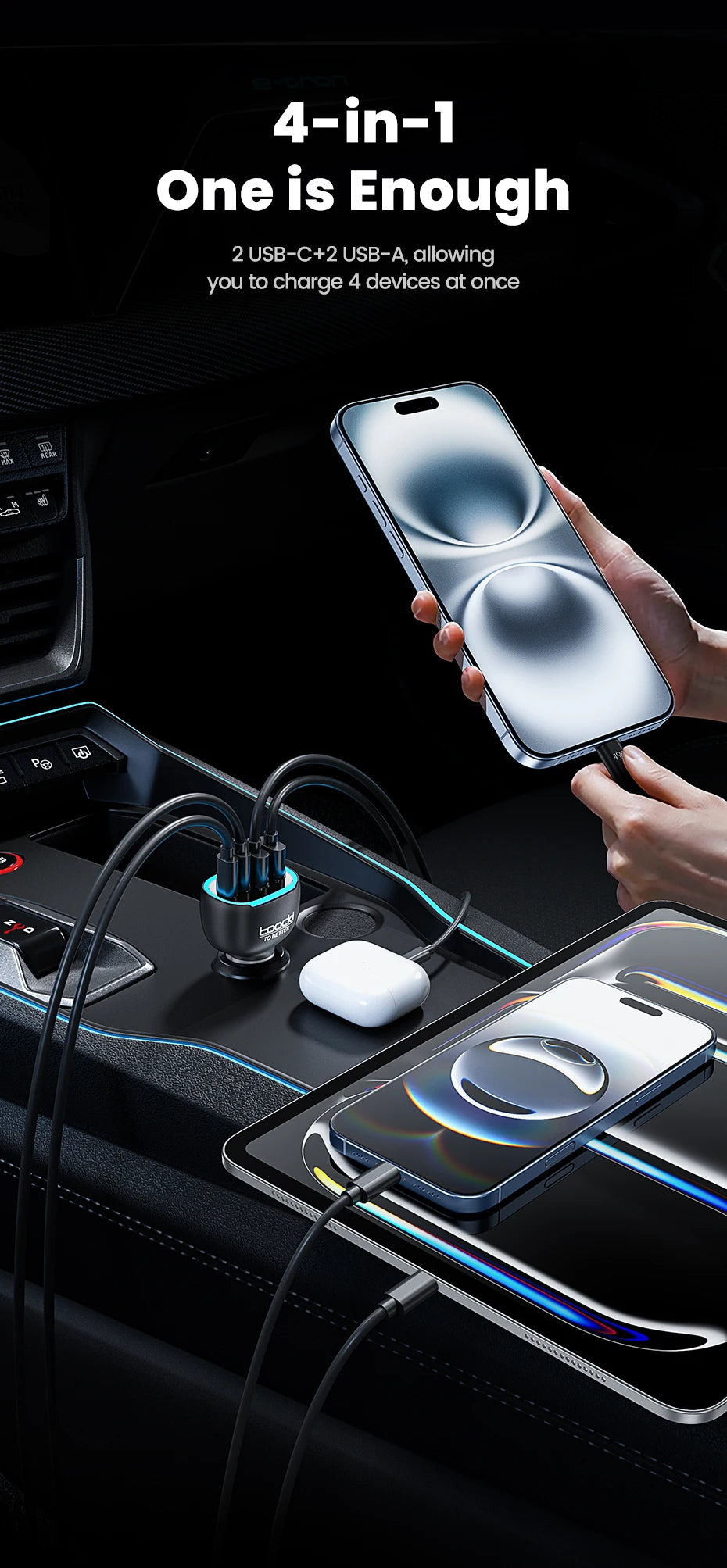 Chargeur TOOCKI à charge rapide avec quatre ports, disponible en versions 90W et 120W.