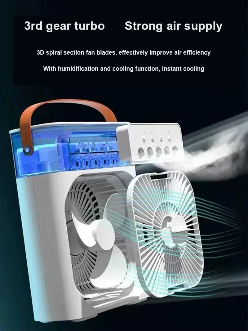 Ventilateur Portable 3‑en‑1, Mini Climatiseur, Humidificateur & Veilleuse LED pour Maison et Bureau