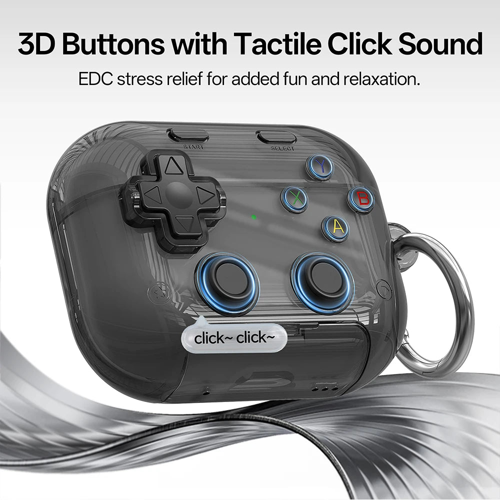 Étui pour écouteurs Apple, design gaming rigide avec verrou sécurisé, support téléphone et clip d’attache.