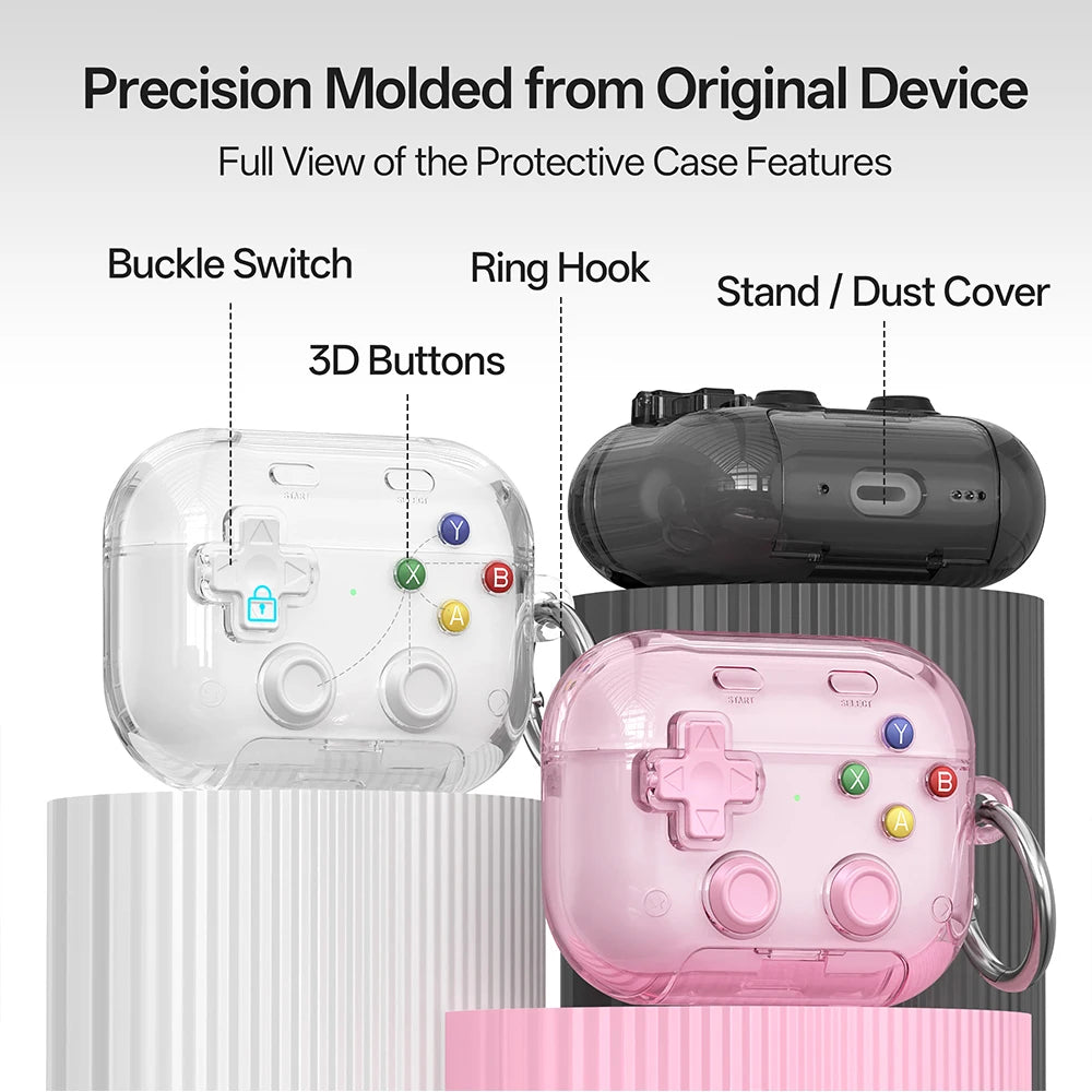 Étui pour écouteurs Apple, design gaming rigide avec verrou sécurisé, support téléphone et clip d’attache.