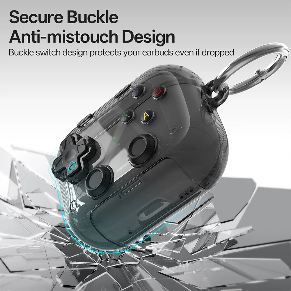 Étui pour écouteurs Apple, design gaming rigide avec verrou sécurisé, support téléphone et clip d’attache.