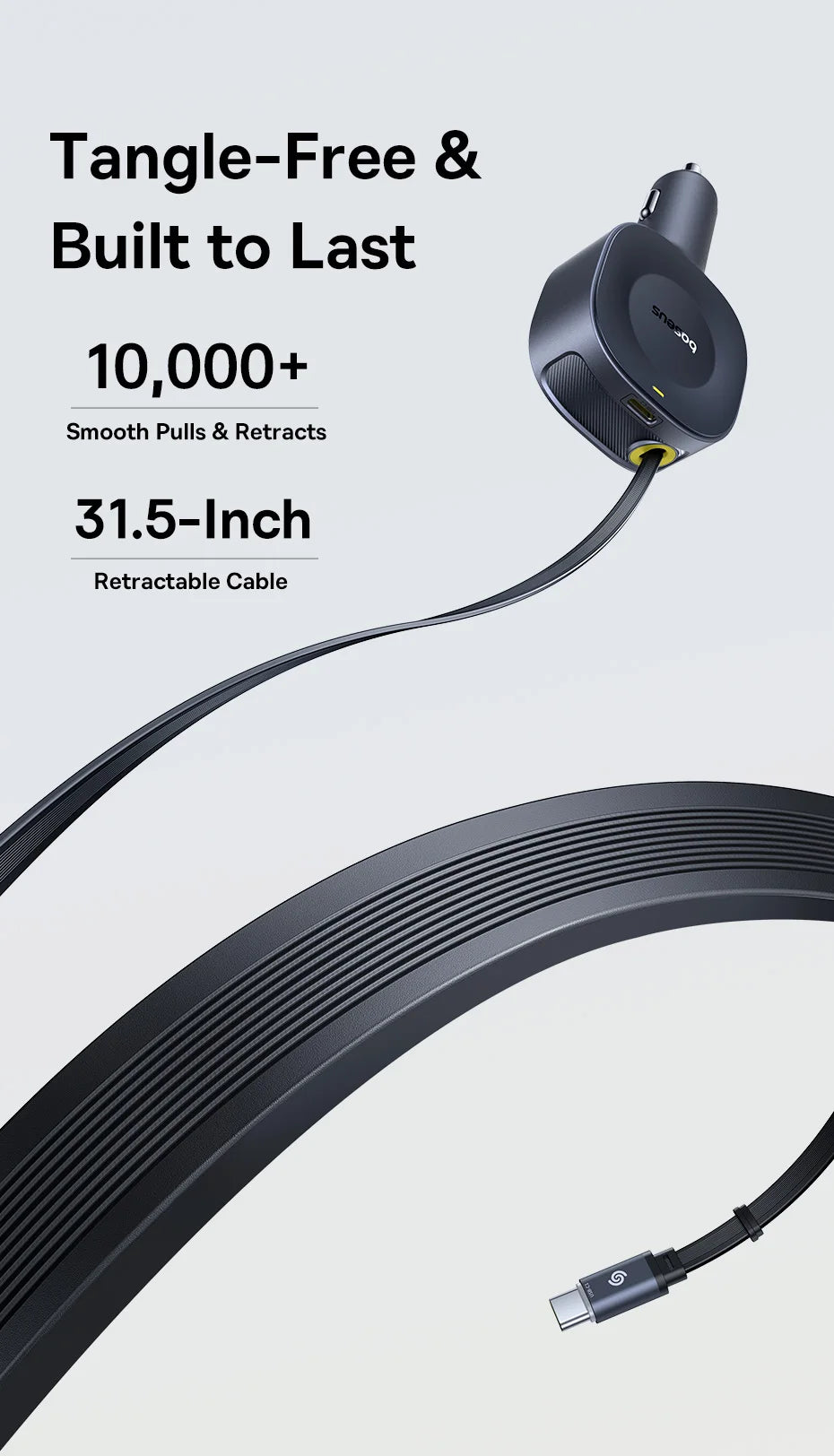Chargeur voiture Baseus 60W câble rétractable 30W + port Type‑C 30W