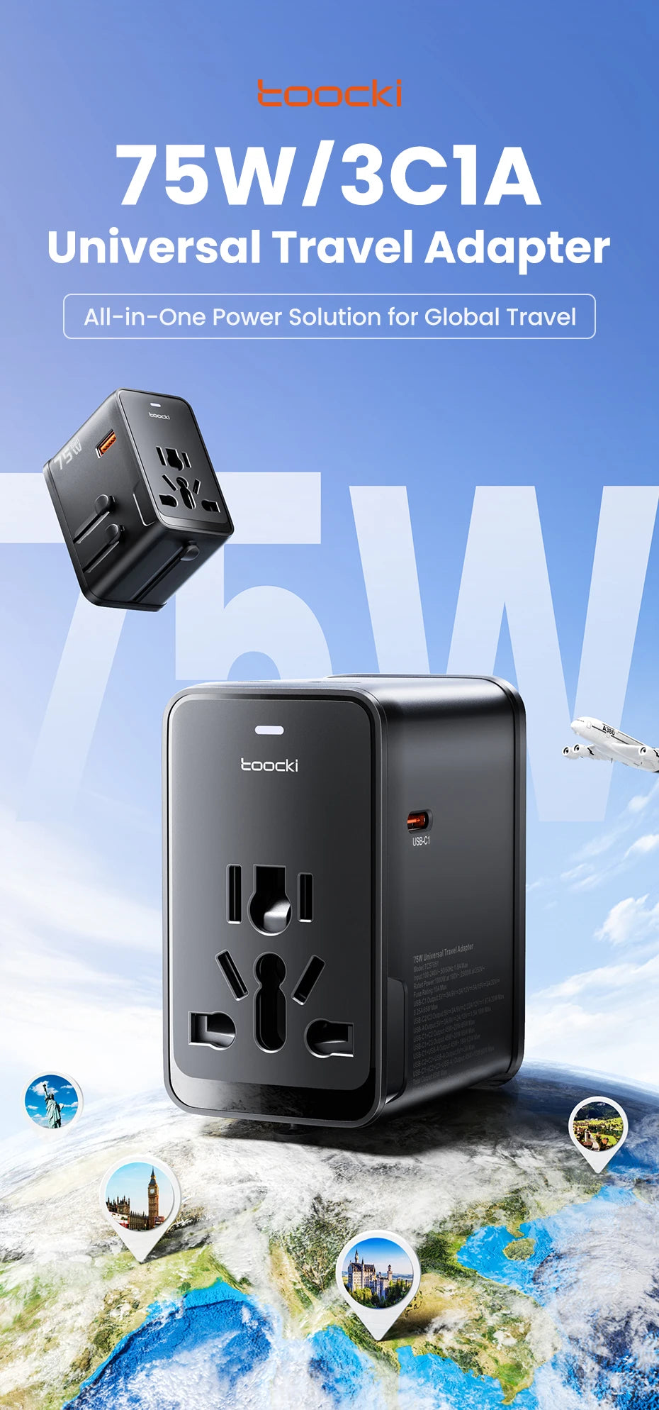oocki GaN 75W – Adaptateur de voyage universel pour 200 pays – 5‑en‑1 : 1 prise AC universelle + 4 ports de charge (USB‑C & USB‑A)