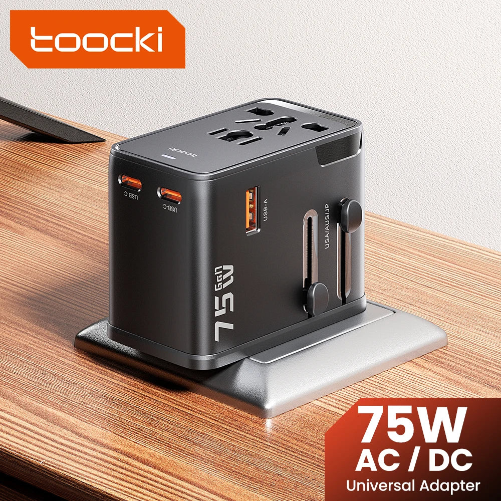 oocki GaN 75W – Adaptateur de voyage universel pour 200 pays – 5‑en‑1 : 1 prise AC universelle + 4 ports de charge (USB‑C & USB‑A)