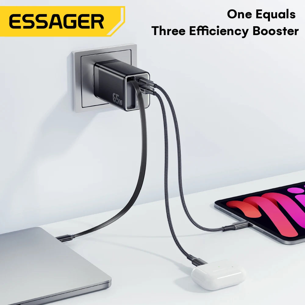 Chargeur Essager 65W GaN avec câble rétractable