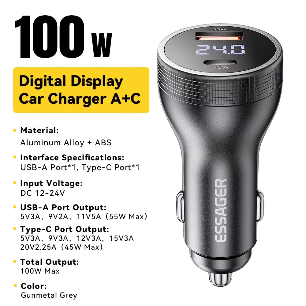 ESSAGER F755 Chargeur Voiture 100W – USB-C 45W + USB-A 55W