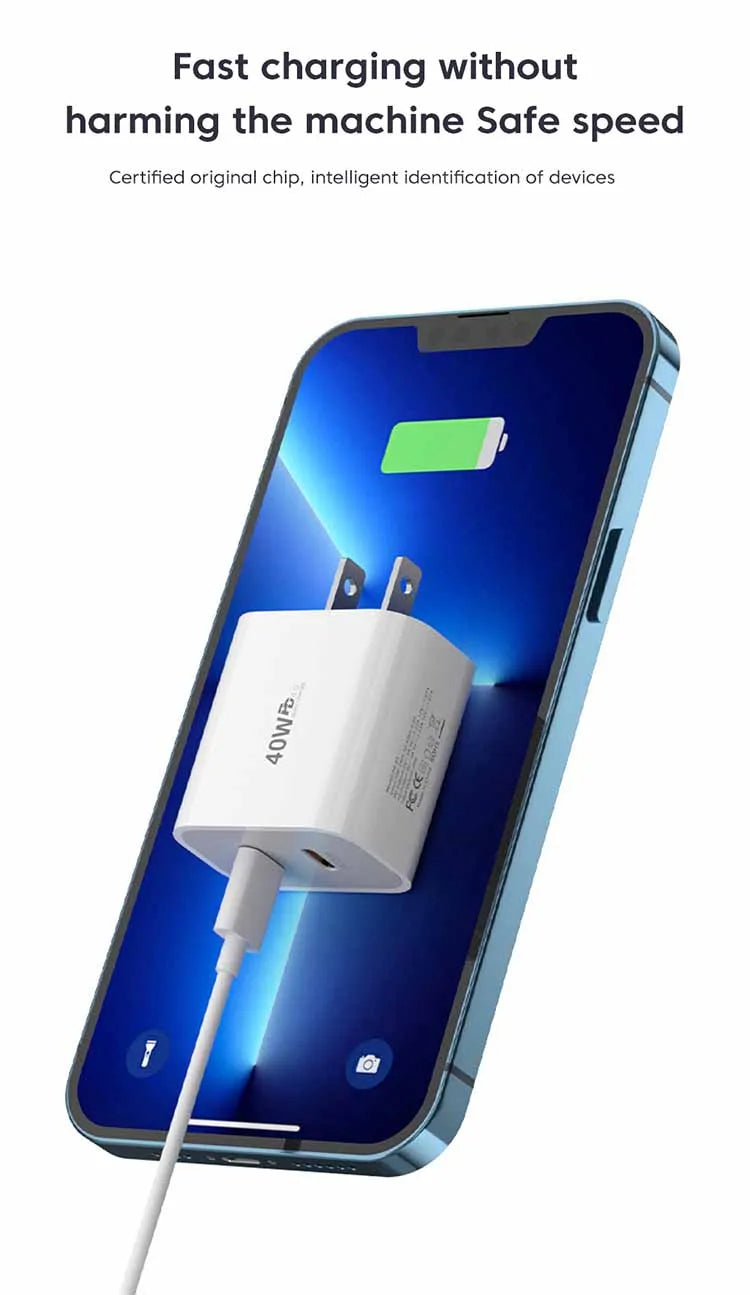 Chargeur OLAF rapide 40W Avec deux sorties USB‑C‑C PD QC3.0 avec câble Type‑C vers Type‑C