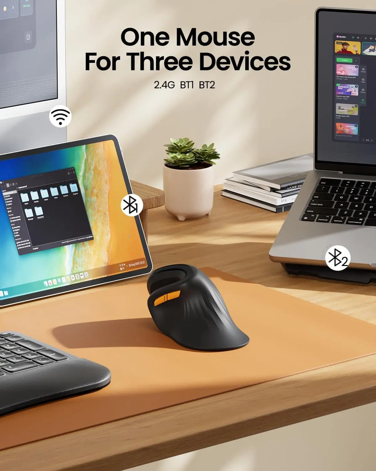 Souris Ergonomique 58° Sans Fil – BT1/BT2/2.4G – DPI 1000/1600/2400 – PC/Mac/iPad