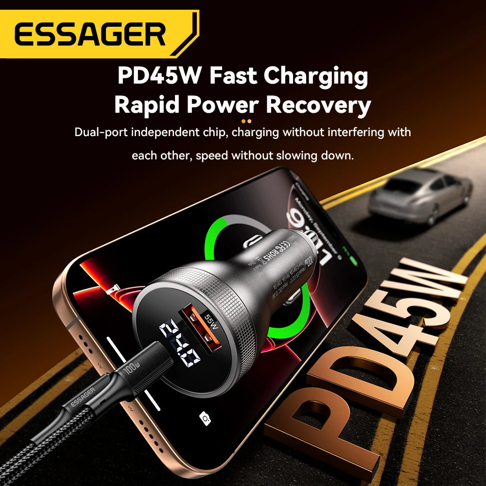 ESSAGER F755 Chargeur Voiture 100W – USB-C 45W + USB-A 55W