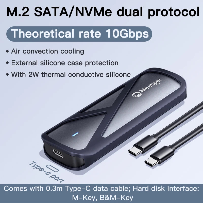 Meetiger – Boîtier Externe M.2 NVMe/NGFF SATA 5/10Gbps en Aluminium (Tool‑Free)