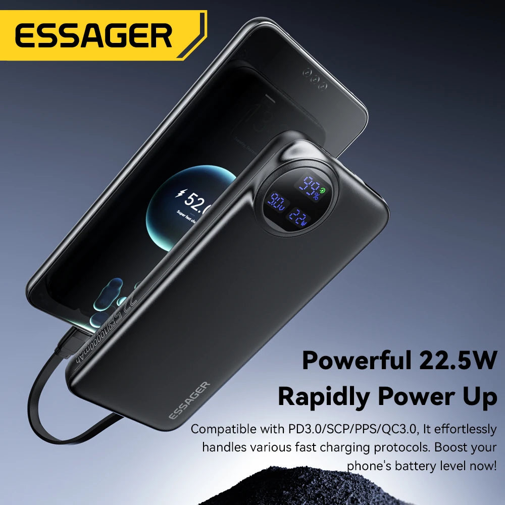 Essager Power Bank 22.5W avec Câble Intégré – Affichage Numérique – 20000mAh / 10000mAh