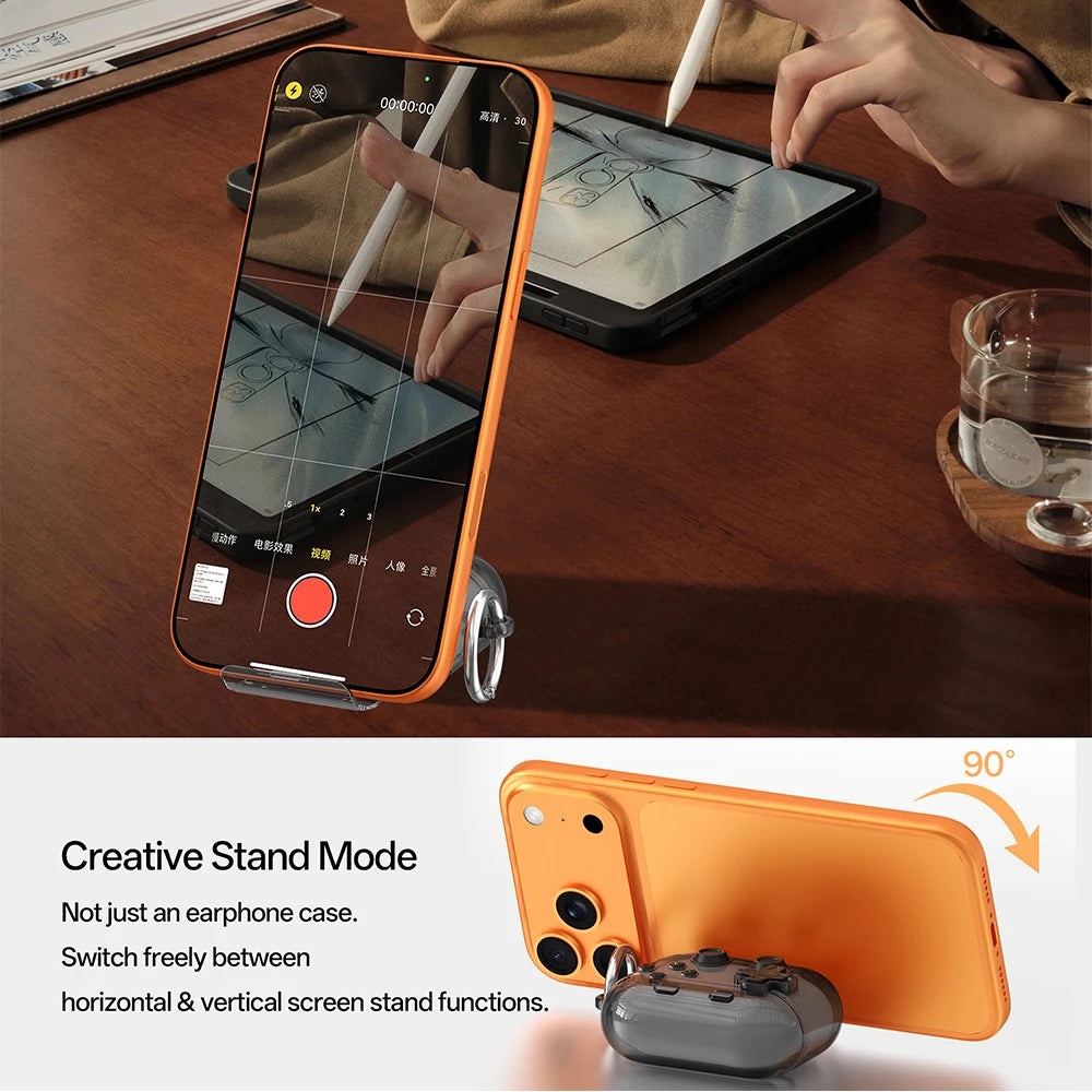Étui pour écouteurs Apple, design gaming rigide avec verrou sécurisé, support téléphone et clip d’attache.