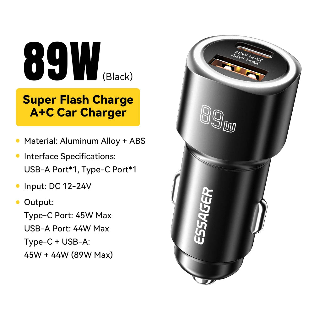 Chargeur voiture Essager 89W — double port QC 4.0/3.0 recharge rapide, USB Type‑C