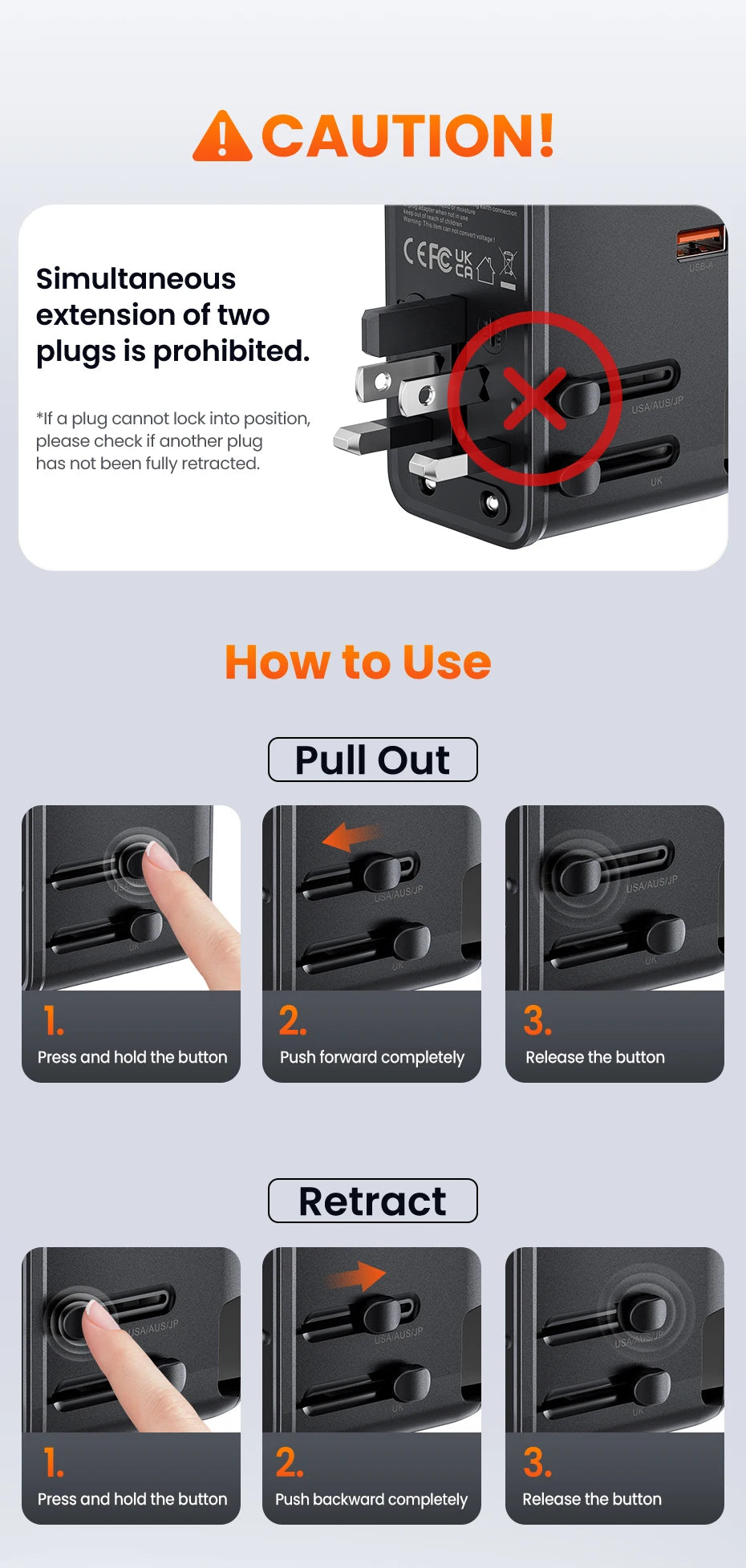 oocki GaN 75W – Adaptateur de voyage universel pour 200 pays – 5‑en‑1 : 1 prise AC universelle + 4 ports de charge (USB‑C & USB‑A)