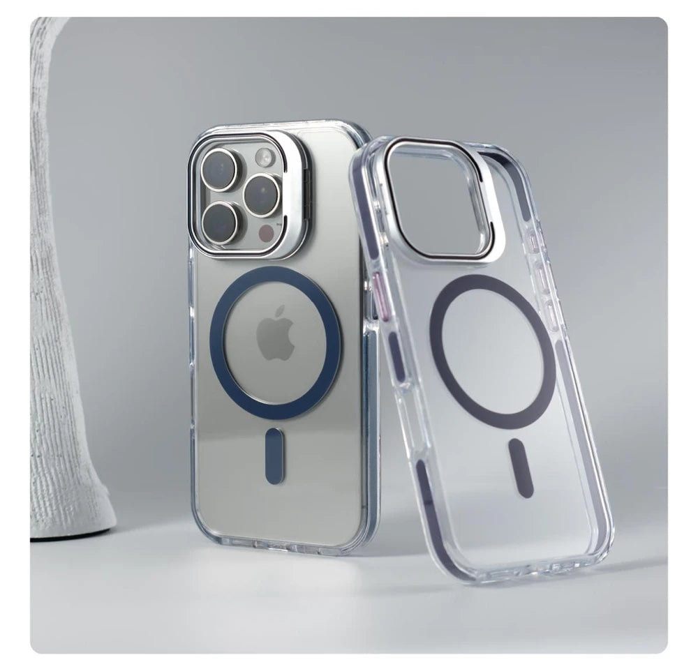 Coque pare‑chocs transparente de luxe MagSafe avec protection d’objectif, compatible iPhone 12 / 13 / 14 / 15 / 16 / 17 (base, Plus, Pro, Pro Max, Air) avec support intégré pour une protection élégante au quotidien.