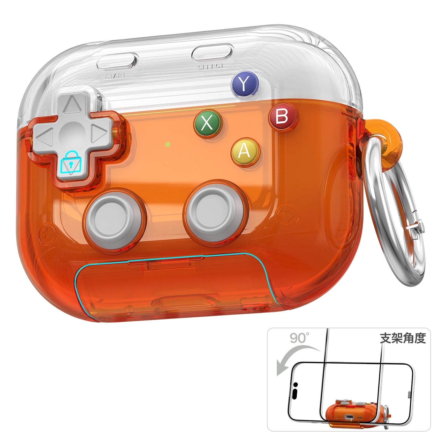 Étui pour écouteurs Apple, design gaming rigide avec verrou sécurisé, support téléphone et clip d’attache.