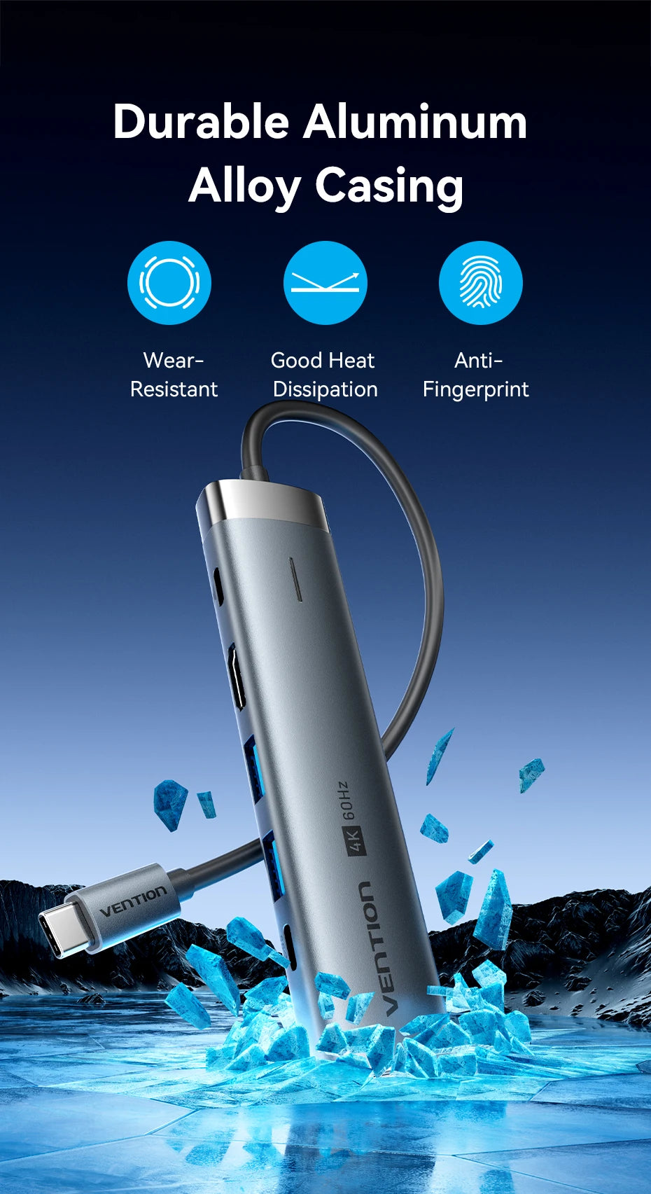 Vention – HUB USB‑C 6‑en‑1 4K60Hz avec RJ45 1000 Mbps & PD 100W